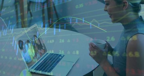 Woman Engaging in Virtual Meeting with Financial Data Overlay