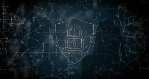 Digital Padlock Icon with Floating Mathematical Formulas