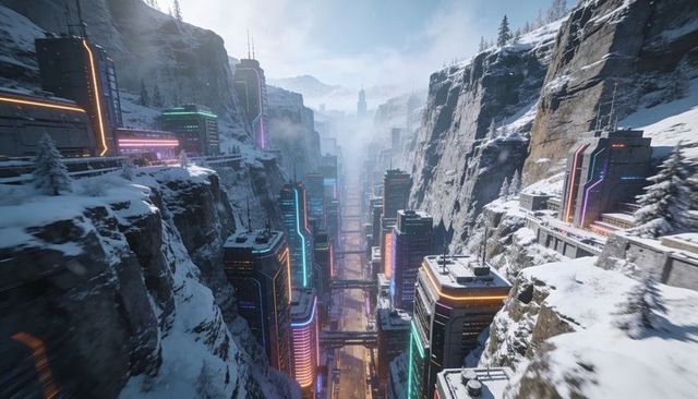 Neon canyon metropolis featuring vertical high-rise towers and central avenue in snowy gorge