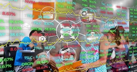 Futuristic Education Children with Digital Data Overlay