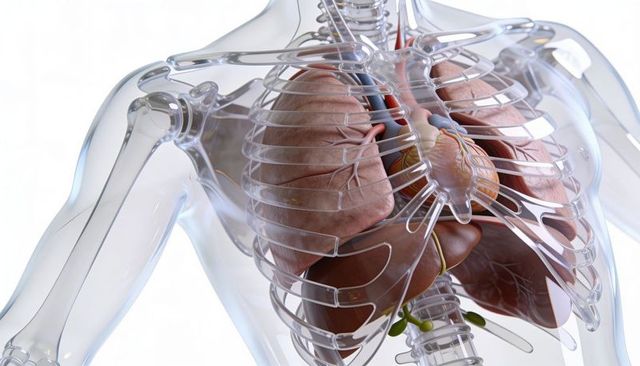 Transparent torso revealing lungs heart ribcage trachea gallbladder medical anatomy study