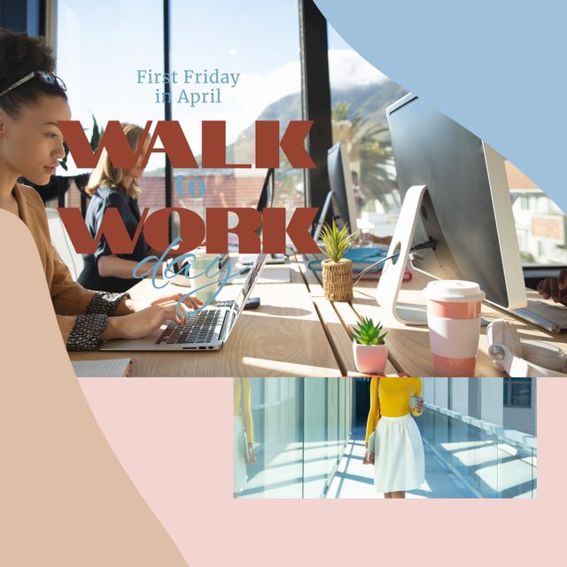 Diverse women engaging in computer work in a modern office environment, with promotional text for Walk to Work Day. Useful for campaigns promoting healthy habits, corporate wellness programs, and annual events related to fitness or environmental sustainability.