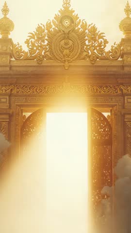 Ornate Golden Gate Swinging Open into Radiant Clouds Revealing Ethereal Light — Vertical Video