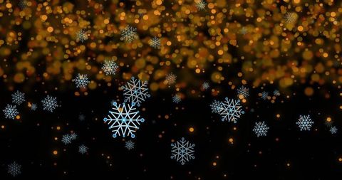 Snowflakes and Golden Bokeh on Black Background