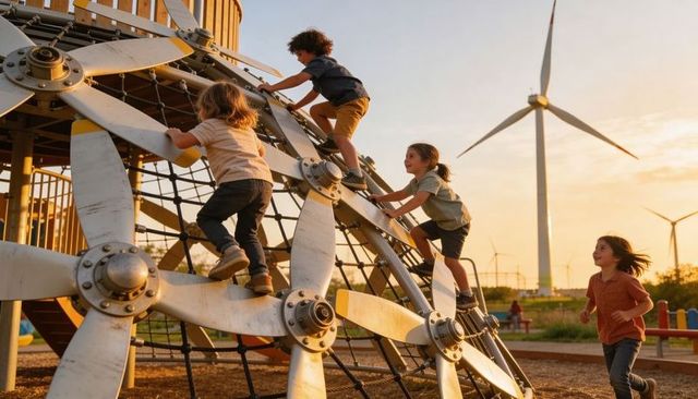 Children climbing spherical rope playground structure with wind turbines at golden hour