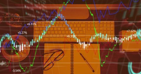 A digital representation of financial analysis sketched over an organized workspace, including keyboard, glasses, and notebook. Dynamic lines and percentages highlight market fluctuations, creating an immersive view into trading or investment activities. Ideal for illustrating articles on financial markets, day trading, investment strategies, and economic analytics topics. Aesthetically blends traditional office elements with modern computational data.
