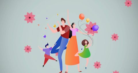 Colorful Illustrative Family Celebrating Together with Balloons and Flowers - Download Free Stock Images Pikwizard.com