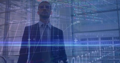 Businessman Analyzing Advanced Financial Data and Graphs