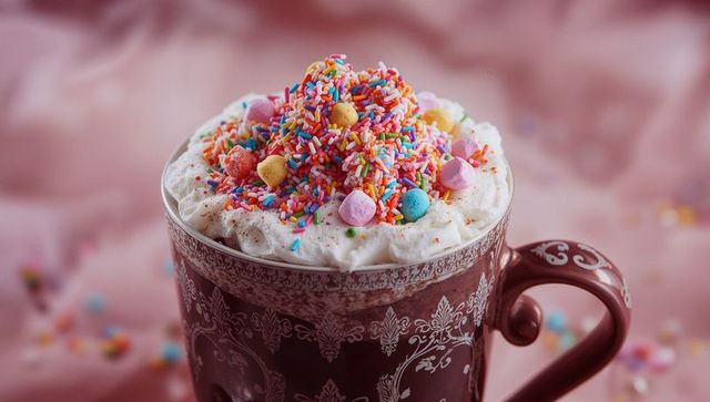 Decorative Mug of Whipped Cream and Colorful Sprinkles