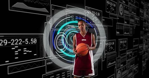 Athletic Woman Holding Basketball Amidst Futuristic HUD Graphics
