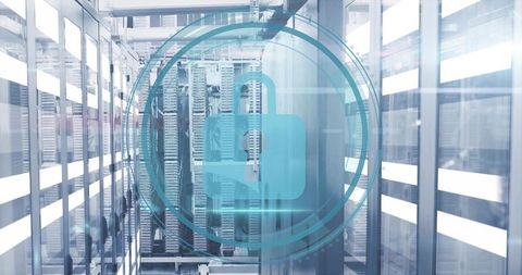 Futuristic Cybersecurity Concept in Server Room with Digital Lock Overlay