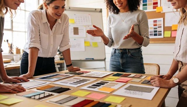 Creative team collaborating over fabric swatches and color palettes in bright design studio