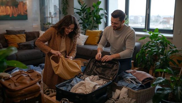 Couple packing suitcase together in cozy urban apartment with indoor plants