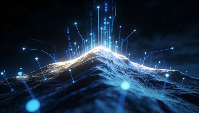 Neon cyber topography emitting vertical data beams with glowing network nodes