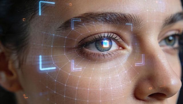 Scanning female-presenting face with biometric iris recognition hud overlay, closeup portrait