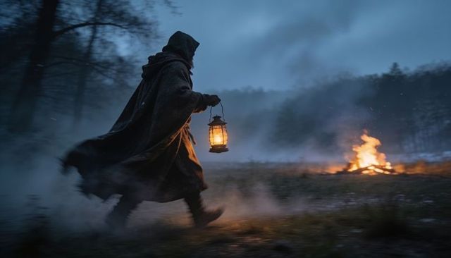 Hooded wanderer carrying lantern through misty frost field toward distant bonfire at dusk