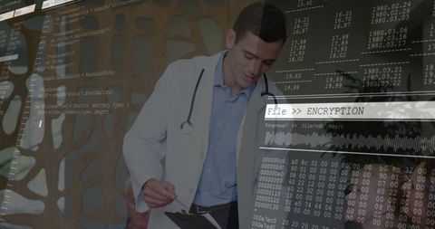 Doctor With Clipboard Reviewing Encryption Code Overlay