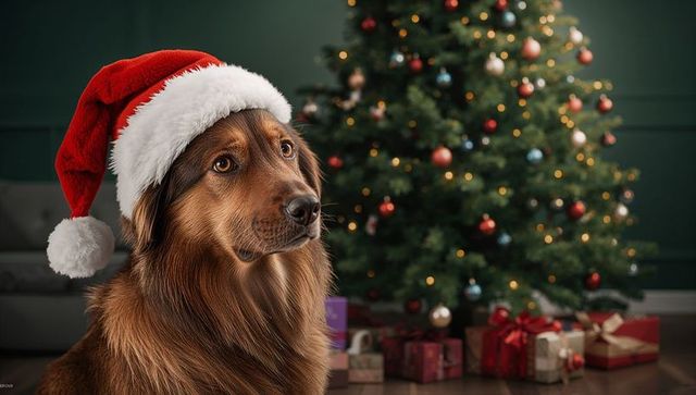Dog in santa hat by christmas tree with gifts