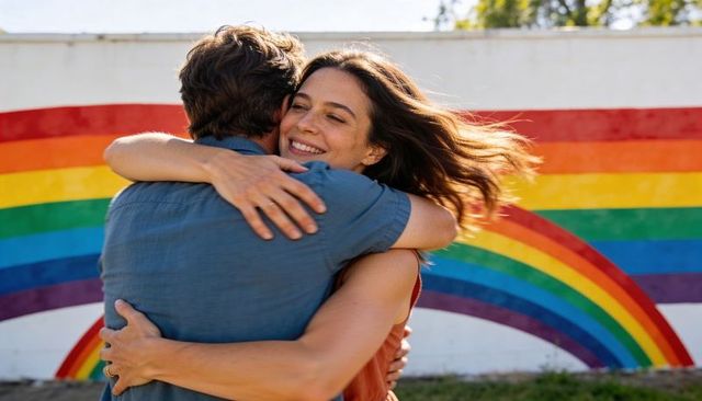 Couple hugging in front of rainbow mural, joyful embrace, outdoor pride moment in sunlight