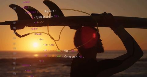 Carrying longboard at sunset with code overlay, surfer merging surf life and digital tech