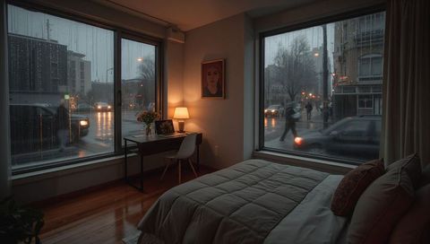Cozy Urban Bedroom with Quilted Bed and Desk Overlooking Rainy Street at Dusk