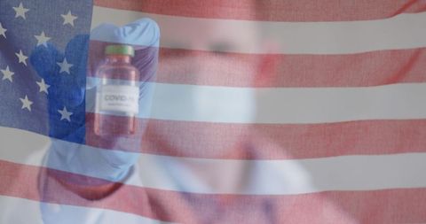 Patriotic Healthcare Worker Holding Covid-19 Vaccine with American Flag Overlay