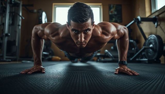 Muscular man performing intense push-up on gym floor with barbell and focused intensity