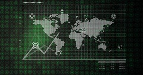 Gridded global data dashboard showing dotted world map, targets and rising analytics chart