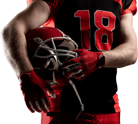 Transparent american football player holding helmet with confidence