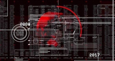 Futuristic red globe HUD displaying cyber dashboard overlays and analytics data