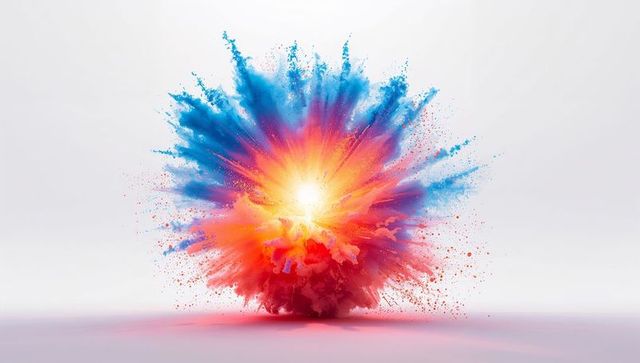 Dynamic multicolored powder explosion with bright flare