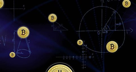 Floating Bitcoin Icons with Mathematical Background in Dark Theme - Download Free Stock Images Pikwizard.com
