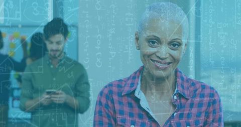 Confident Woman Using Tablet with Holographic Mathematical Overlay