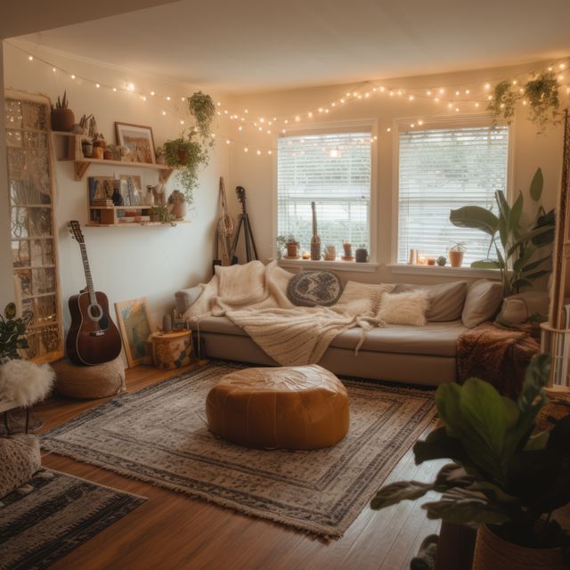 Cozy Bohemian Living Room with Fairy Lights and Plants - Download Free Stock Images Pikwizard.com