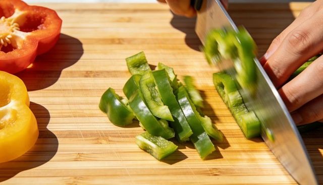 Cutting green bell pepper with chef knife on bamboo board alongside red yellow halves