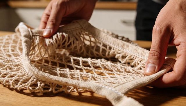 Hands spreading beige cotton mesh grocery bag on wooden countertop ecofriendly texture