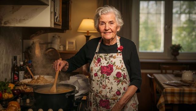 Senior woman stirring soup in rustic kitchen wearing floral apron, cozy home cooking