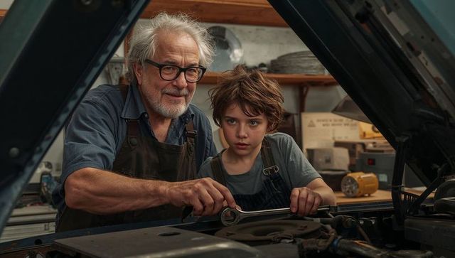 Grandfather and Grandson Bonding Over Cars in Rustic Garage