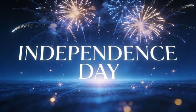 Independence day featuring large white serif title on reflective stage with gold fireworks