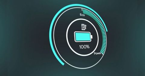 Futuristic battery charging gauge concept on dark background