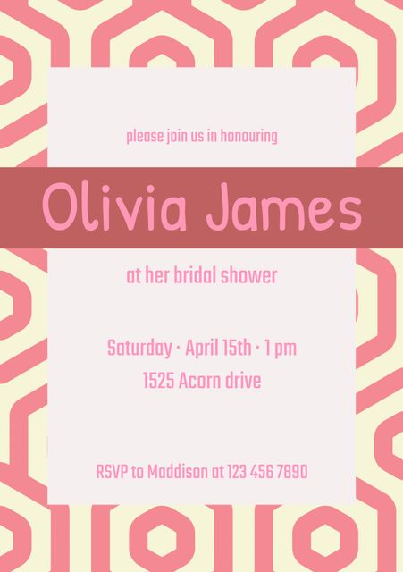 This retro-themed bridal shower invitation features pink geometric patterns and elegant text. Perfect for digitally inviting guests to celebrate a joyous occasion in honor of the bride-to-be. Ideal for including event location, date, time, and RSVP details, ensuring guests have all necessary information. Great for sharing on social media or printing out for personal handouts.