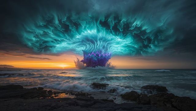 Turquoise tempest over ocean at sunset with towering teal cloud and purple plume