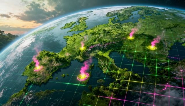 Neon grid geospatial visualization highlighting mediterranean hotspots on globe