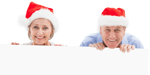 Senior Couple Smiling in Santa Hats with Transparent Banner for Holiday Atmosphere - Download Free Stock Videos Pikwizard.com