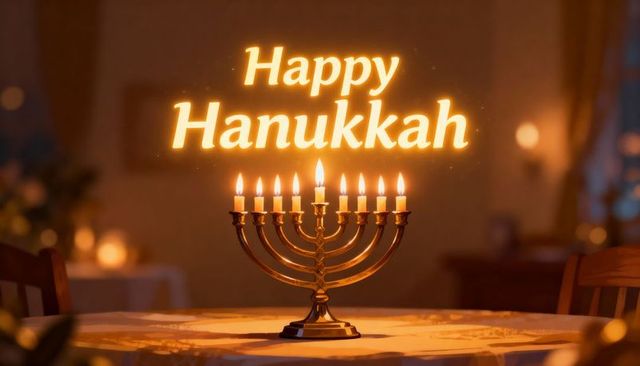Glowing brass menorah with nine candles on cozy dining table saying happy hanukkah warm glow