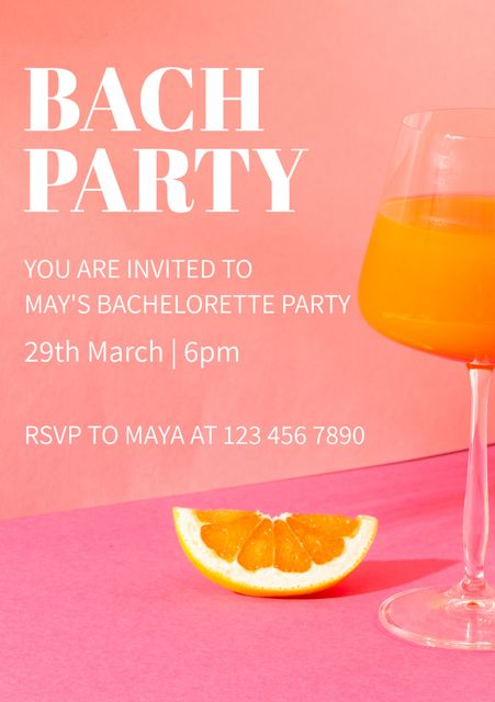 This vibrant invitation template is designed for bachelorette parties, featuring a modern and festive orange theme. The bright orange slice and drink contrast beautifully against a pink background, creating a fun and lively atmosphere. Perfect for social events, party planners can use it for digital or print invitations to bring a splash of color to their special occasions.