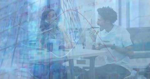 Corporate Lunch Break with Data Overlay and Analysis Theme