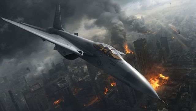 Fighter jet soaring over war-torn cityscape in chaos