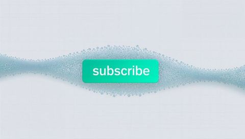 Floating teal subscribe button hovering over grid with blue particle wave and gradient