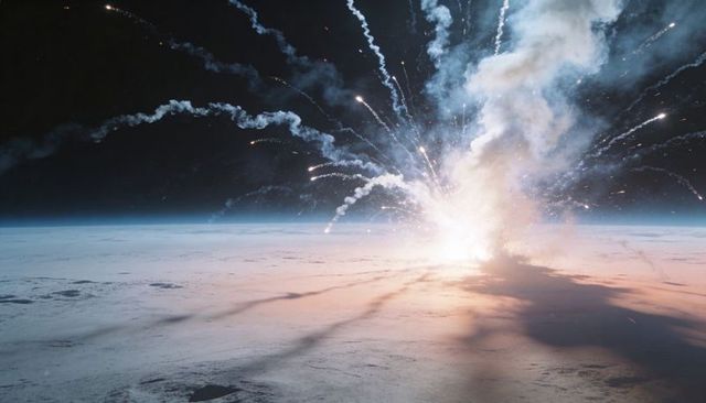 High-Altitude Explosion Erupting Over Frozen Plain, Sending Smoke Plume and Radiant Debris